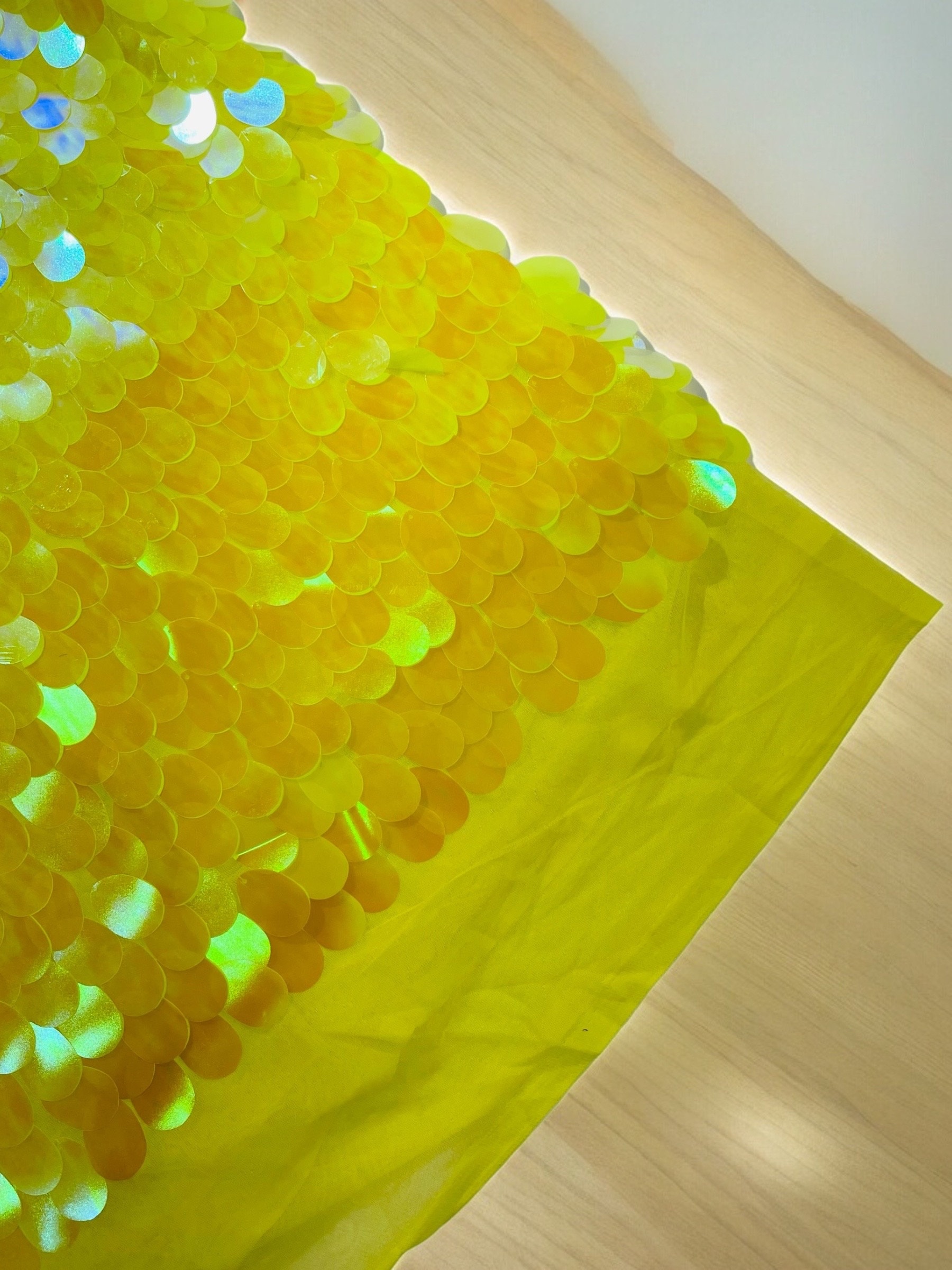 Yellow Iridescent Jumbo Sequins Oval Sequin Paillette by the yard - Yellow Mesh Tear Drop Mermaid Big Sequins Fabric On a Mesh