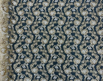 Ivory & Gold Flowers With Sequins Corded Lace On Mesh Fabric By The Yard Used For -Dress-Bridal-Fashion