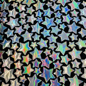 Hologram Metallic Silver Sequins Velvet Fabric | Sequin Stars Design on Black Stretch Velvet | by the yard | Iridescent Sequins