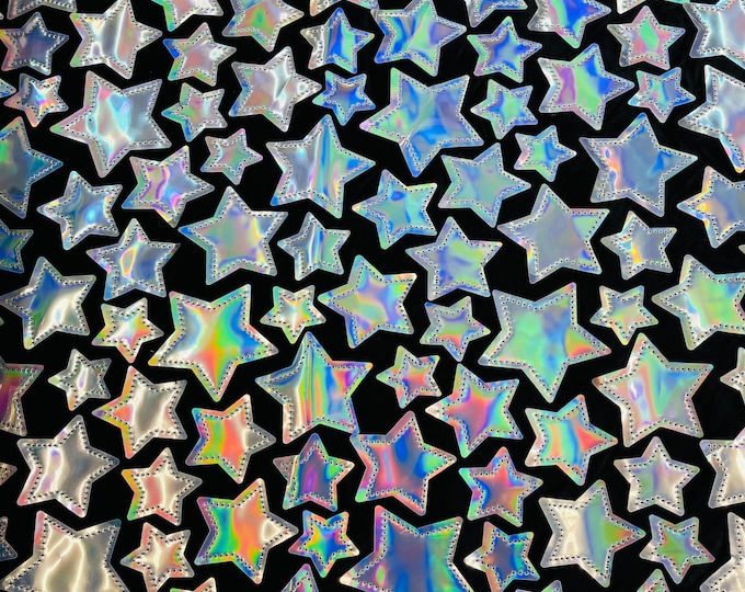Hologram Metallic Silver Sequins Velvet Fabric | Sequin Stars Design on Black Stretch Velvet | by the yard | Iridescent Sequins
