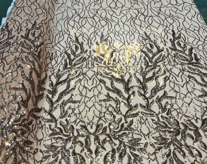 Skin/Gold Sequins Fabric, DAMASK Design Embroidered On a Mesh 4 way Stretch Sequin, Lace Fabric, Prom-Gown By The Yard ( Choose The Size )