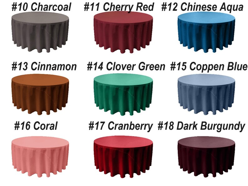 K&ouml;nnte beinhalten: Neun runde Tischdecken in verschiedenen Farben, darunter Anthrazit, Kirschrot, Chinesisches Aqua, Zimt, Kleeblattgr&uuml;n, Coppenblau, Koralle, Cranberry und Dunkelburgunder. Jede Tischdecke ist mit einer Nummer und einem Farbnamen gekennzeichnet.