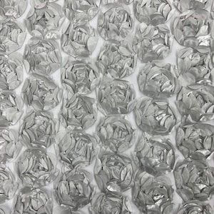 Silver 3D Rosette Fabric: Satin Floral Bouquet on Mesh, Wedding Decor by the yard