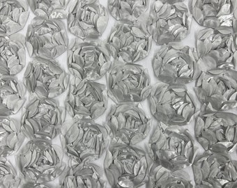 Silver Rosette Fabric 3D Floral Fabric By The Yard, Peony Bouquet Fabric on Mesh, 3D Rosette Satin Fabric Wedding Decor.
