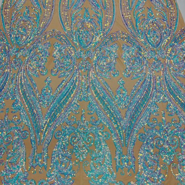 Iridescent Aqua Sequins - 4 Way Stretch Fancy Big Damask Design Sequins on Spandex Mesh Prom Gala Gown Fabric By The Yard