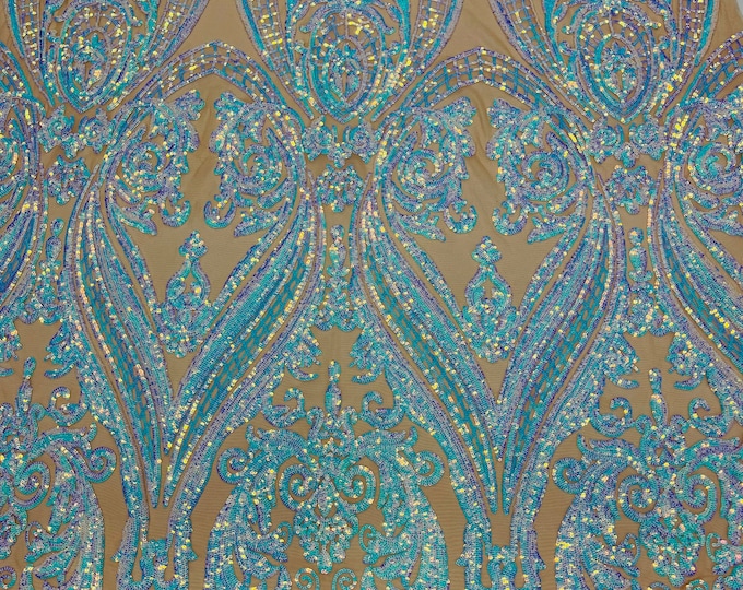 Iridescent Aqua Sequins 4 Way Stretch JM1 Fancy Big Damask Design Sequins on Spandex Mesh Prom Gala Gown Fabric By The Yard