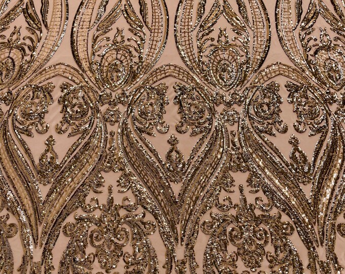 Coffee Sequins  - 4 Way Stretch Fancy Big Damask Design Sequins on Spandex Mesh Prom Gala Gown Fabric By The Yard