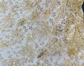 Champagne Lace Fabric With Sequins, Metallic Thread Flower Embroidery by Yard