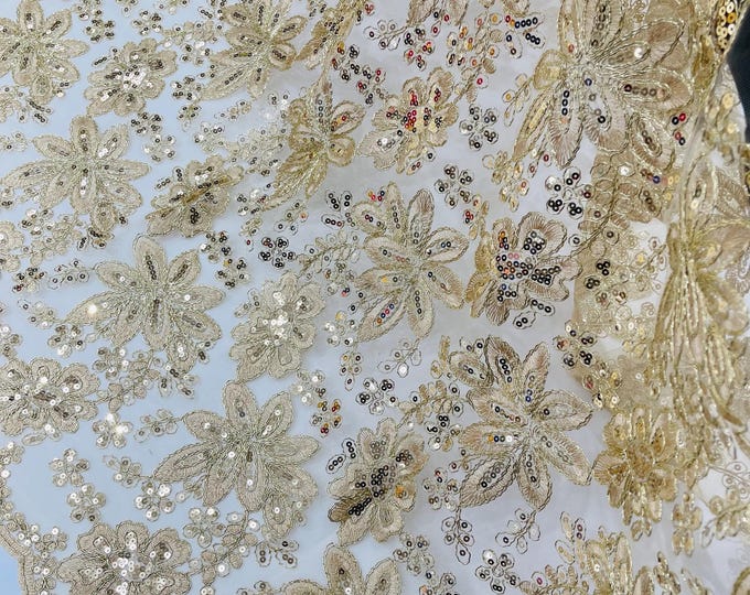 Champagne Lace Fabric With Sequins, Metallic Thread Flower Embroidery by Yard