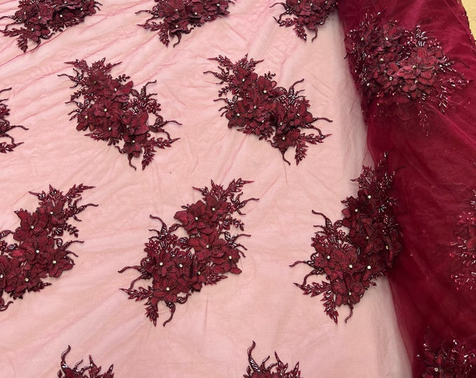 Burgundy 3D Floral Fabric, 3D Flower by the yard - Embroider With Rhinestones and Beaded On a Mesh Lace