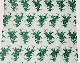 Hunter Green Floral Lace Fabric – Sequined Embroidery Mesh, Bridal Gown