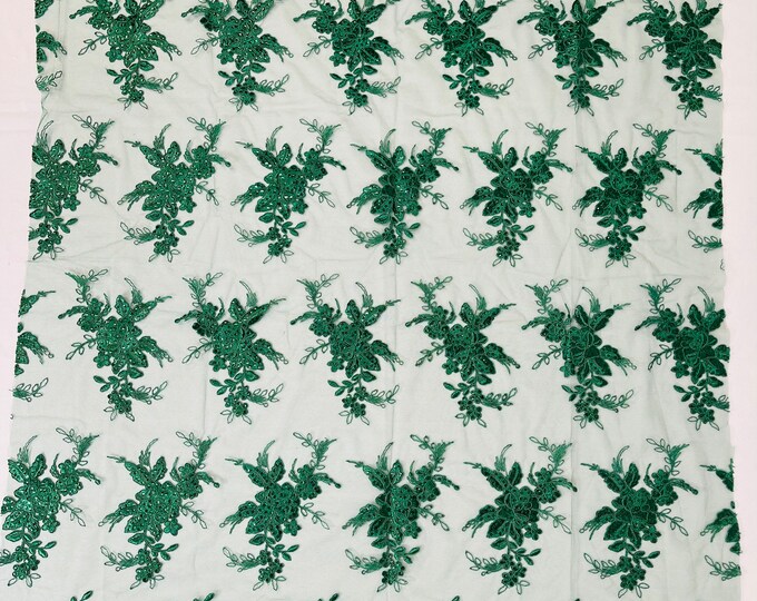 Hunter Green Floral Lace Fabric by the yard - Embroidery With Sequins on a Mesh Lace Fabric For Gown, Wedding-Bridal