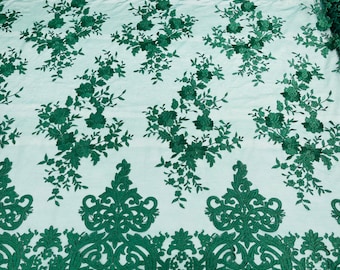 Hunter Green Damask Lace Fabric: Embroidered Floral Mesh, Bridal Wedding Dress