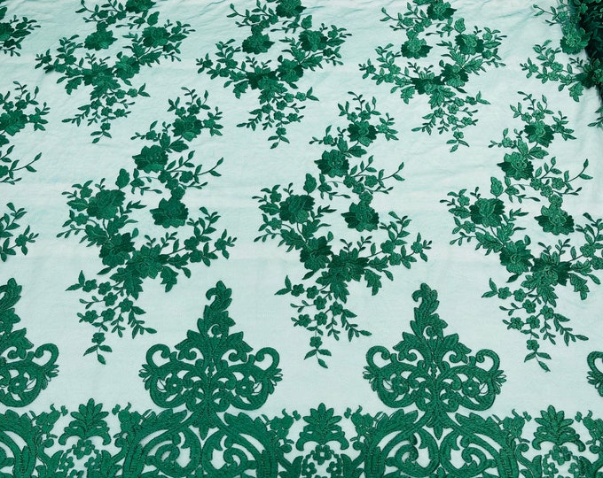 Hunter Green Bridal Lace - by the yard - Damask Design Embroidered on Mesh Lace Fabric, Floral Wedding Dress (Pick a Size)