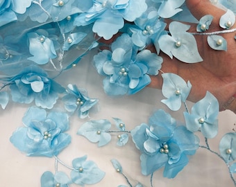 Aqua Blue 3D Floral Lace Fabric with Pearls - Prom Dress