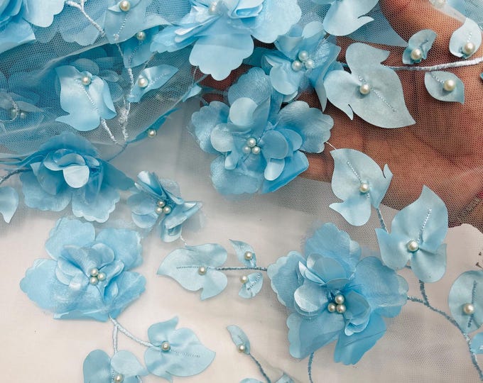 Aqua Blue Orquidia 3D Floral Design Embroider With Pearls On a Mesh Lace Fabric, Orquidia Big 3D Flower Lace Fabric | Prom-Dress By The Yard