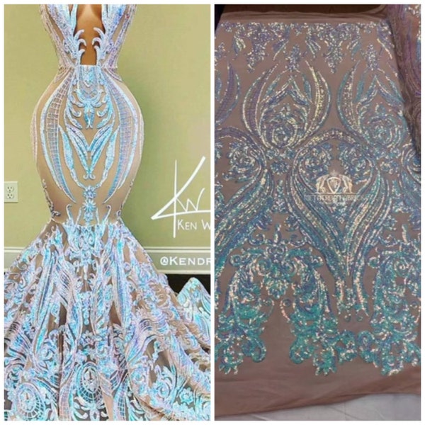 Iridescent aqua Sequins Fabric, Damask Design 4 Way Stretch Sequin Fabric on a Spandex Mesh-Prom-Gown By The Yard