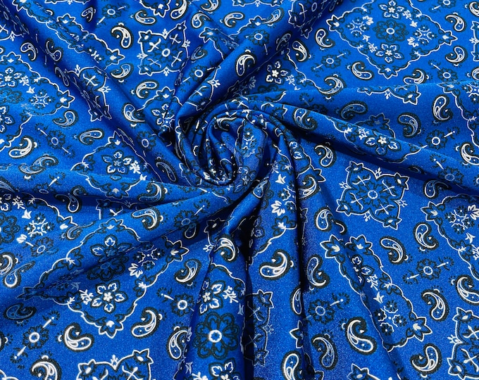 Royal Blue Bandana Print Fabrics - Nylon Spandex Fabric 4 Way Stretch Sold By The Yard (Pick a Size)