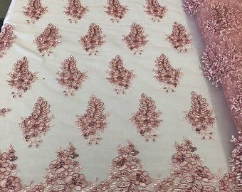 Pink Floral Lace Fabric: Embroidered Sequins Mesh, Bridal Gown Fabric