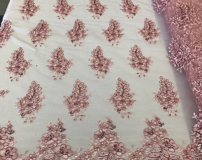 Pink Lace Floral Lace Fabric, Embroidery With Sequins on a Mesh Lace Fabric By The Yard For Gown, Wedding-Bridal (Choose The Quantity)