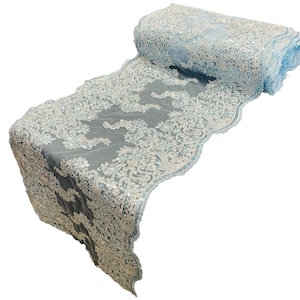 14”Wide Metallic Baby Blue Floral Lace Fabric For Runner, by the yard - Embroidery With Sequins on a Mesh Lace Fabric For Applications