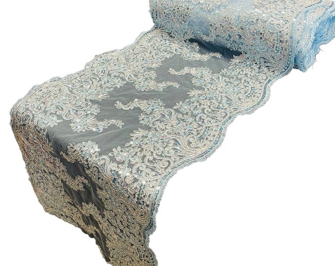 14”Wide Metallic Baby Blue Floral Lace Fabric For Runner, by the yard - Embroidery With Sequins on a Mesh Lace Fabric For Applications
