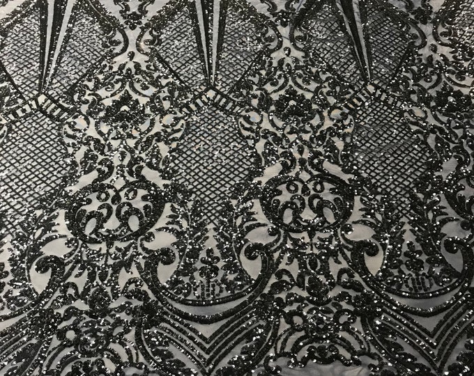 Sequins Navy Lace Fabric, DAMASK Design Embroidered on a Mesh 4 way Stretch Sequin By The Yard -Prom-Gown ( Choose The Size )