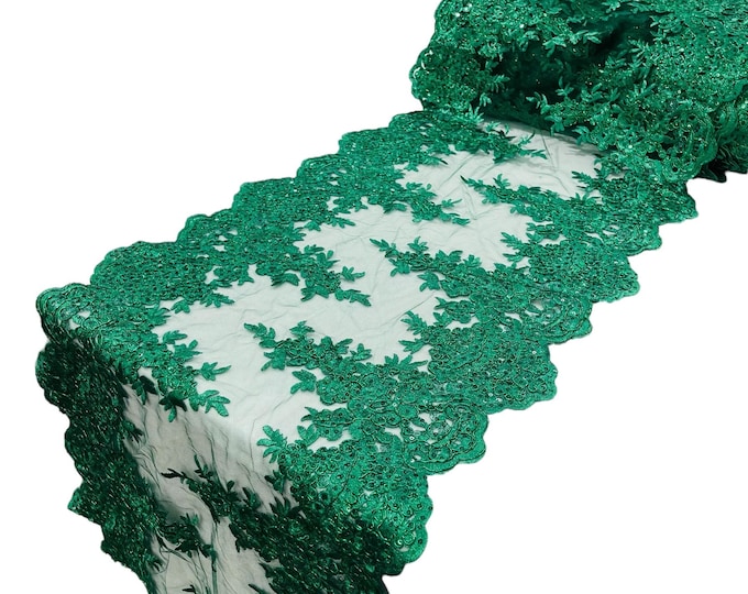 Hunter Green Metallic Floral Lace Fabric For Runner by the yard, 15" Wide Metallic Corded Lace Embroidery With Sequins on a Mesh Lace Fabric