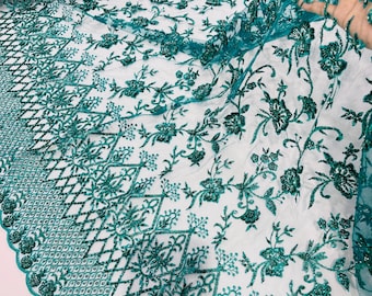 Hunter Green Beaded Sequined Lace Fabric: Embroidered Mesh, Bridal Wedding Dress
