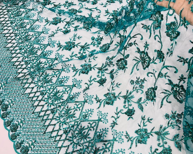 Hunter Green Beaded Sequined Lace Fabric: Embroidered Mesh, Bridal Wedding Dress