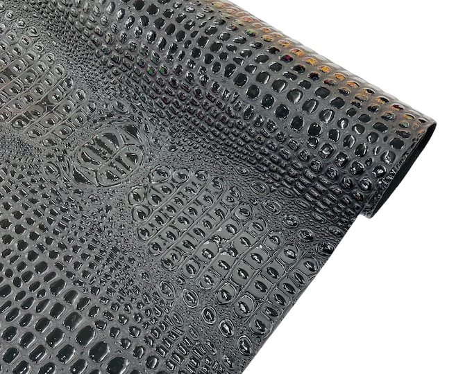 Black Gator 3D Embossed Vinyl Fabric - By Yard Glossy Crocodile 2 Tone Faux Leather