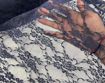 Navy Blue Floral Lace Fabric - 4 Way Stretch Spandex Mesh, Sold by the Yard