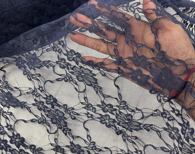 Navy Blue Stretch Spandex Mesh Net Lace Fabric Sold by the yard - Floral Pattern 4 Way Stretch