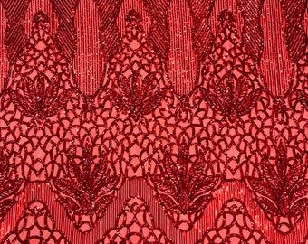 Red Sequin Fabric: Floral Damask 4-Way Stretch Spandex Lace