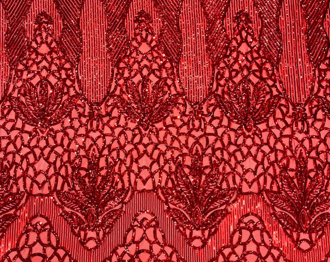 Red Sequin Fabric | Floral Damask Design on a 4 Way Stretch | Red Sequins Lace | Spandex Fabric For Prom-Gown By The Yard