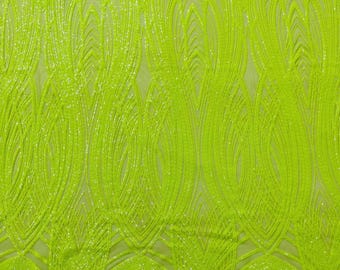 Neon Lime Green Sequins Fabric | 4 Way Stretch Fancy Big Damask Design Sequins on Spandex Mesh Prom Gala Gown Fabric By The Yard