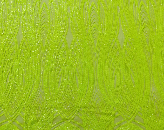 Neon Lime Green Sequins Fabric | 4 Way Stretch Fancy Big Damask Design Sequins on Spandex Mesh Prom Gala Gown Fabric By The Yard