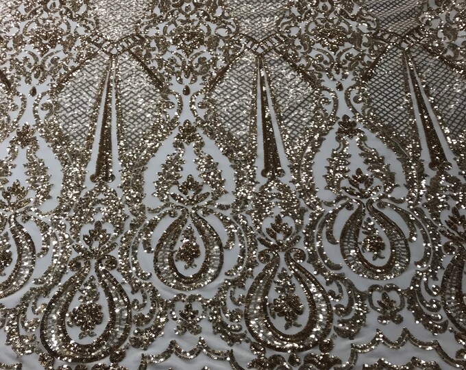 Sequins Gold Lace Fabric, DAMASK Design Embroidered on a Mesh 4 way Stretch Sequin By The Yard -Prom-Gown ( Choose The Size )