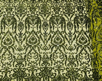 Olive Sequins Fabric | by the yard | 4 Way Stretch Mesh | Embroidered King Damask Design With Sequin Lace Prom-Gown