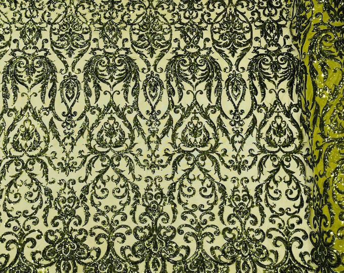 Olive Sequins Fabric | by the yard | 4 Way Stretch Mesh | Embroidered King Damask Design With Sequin Lace Prom-Gown