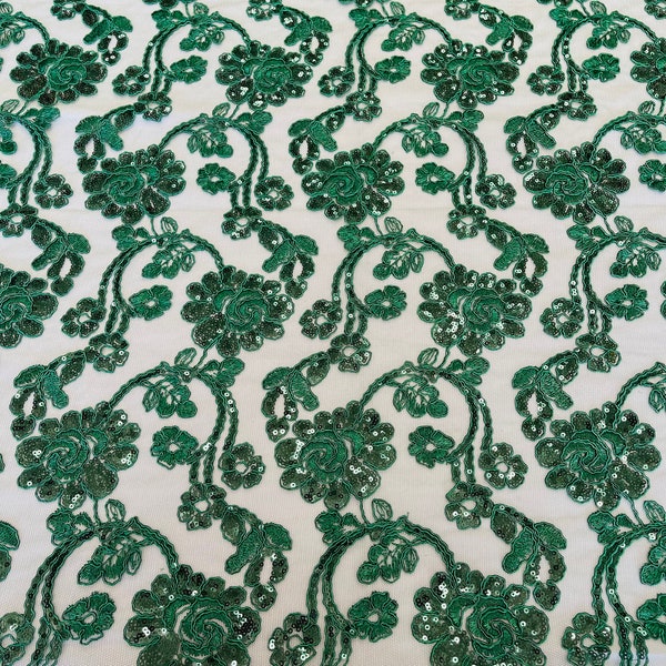 Mia Fabrics, Hunter Green Mesh Embroidery Corded Lace With Sequins, Flower Lace Sequin Sold by the yard (Pick a Size)