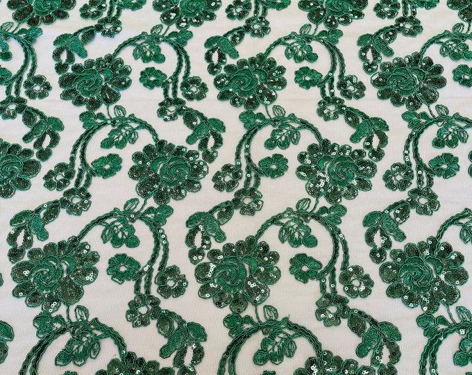 Mia Fabrics, Hunter Green Mesh Embroidery Corded Lace With Sequins, Flower Lace Sequin Sold by the yard (Pick a Size)