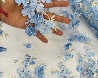 Baby Blue Multi Color 3D Floral Design Sold by the yard | Embroider With Pearls on a Mesh Lace Fabric | 3D Flower Embroidery Lace Fabric
