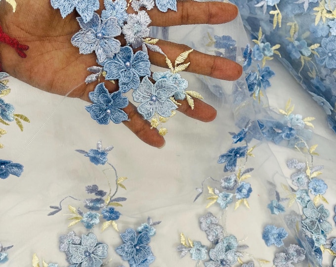 Baby Blue Multi Color 3D Floral Design Sold by the yard | Embroider With Pearls on a Mesh Lace Fabric | 3D Flower Embroidery Lace Fabric