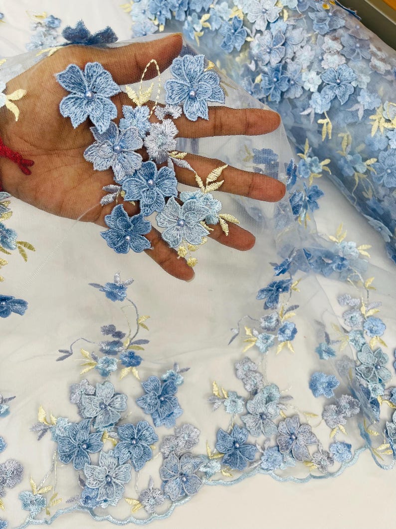 Blue 3D Floral Lace Fabric With Pearls | Embroidered Mesh, Sold by the ...