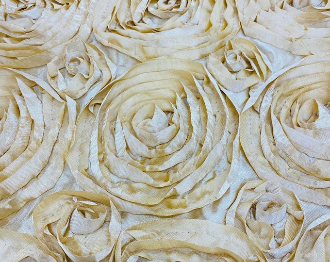 Peige Gold Rosette Fabric 3D Rosette Satin, Floral Satin ( Choose The Size )