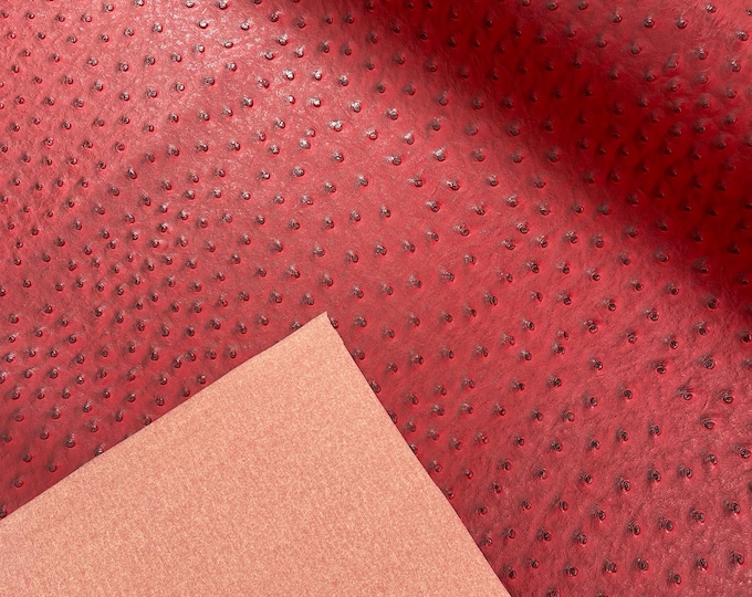 Dark Red Ostrich Faux Leather Upholstery By The Yard, Ostrich Embossed Vinyl Leather Upholstery, Purses Shoes Wallets 54" Wide