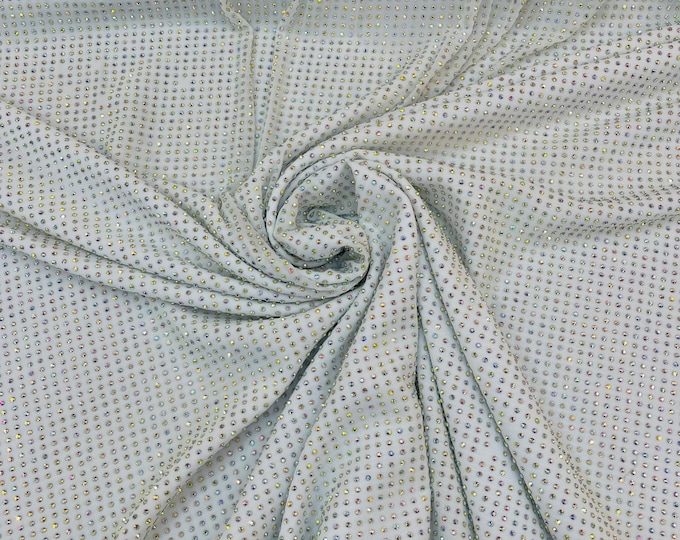 Iridescent Rhinestones Fabric On White Power Mesh Nylon Spandex With Crystal Stones, AB Rhinestones sold by the yard
