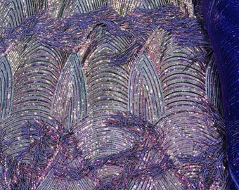 Purple Iridescent Fringe Sequins on a Mesh, Purple Fringe Design Embroidered on 4 Way Stretch Fancy Sequin ( Choose The Size )