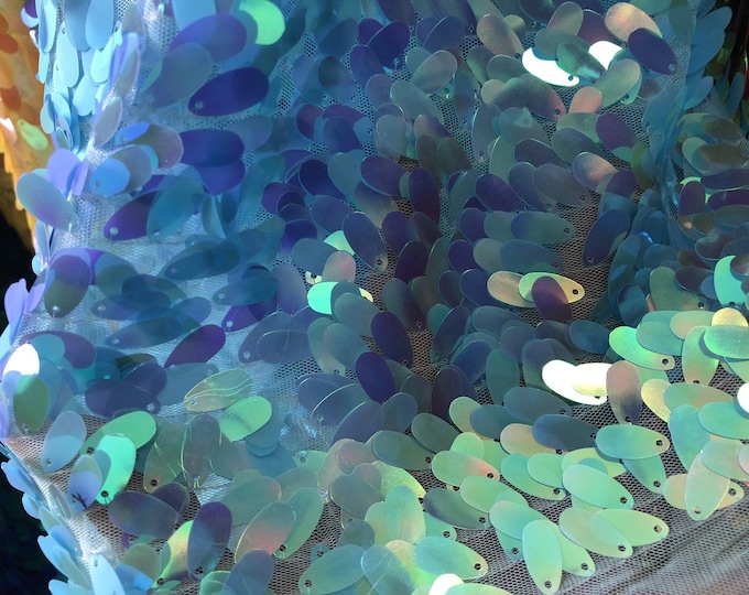 Iridescent Hologram Oval Tear Drop Sequins Fabric - Iridescent Turquoise - Mermaid Fabrics Dresses-Nightgowns-Prom Gown (Pick a Size)
